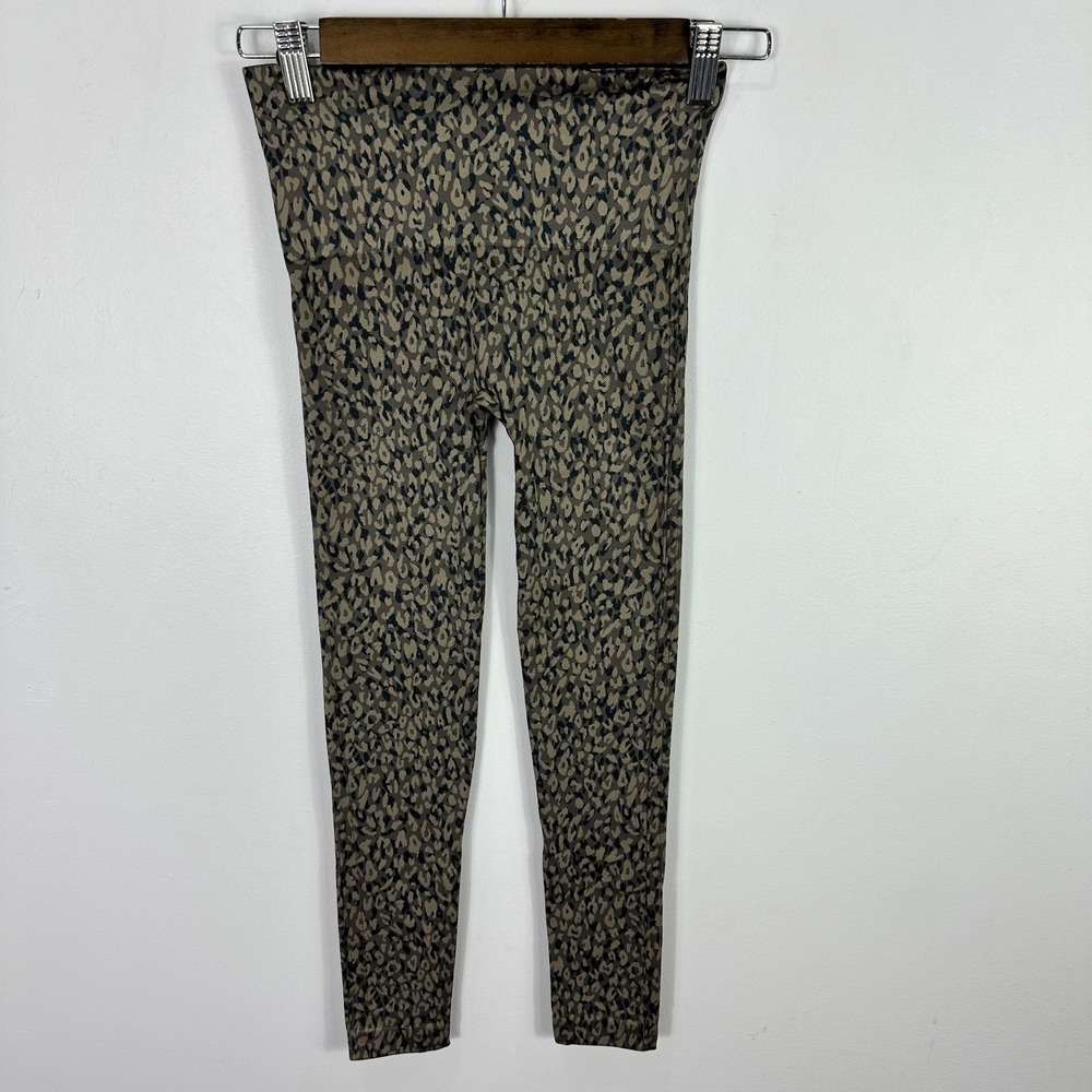 Spanx Look at Me Now Leggings Women XS Olive Green Leopard Print Seamless Active